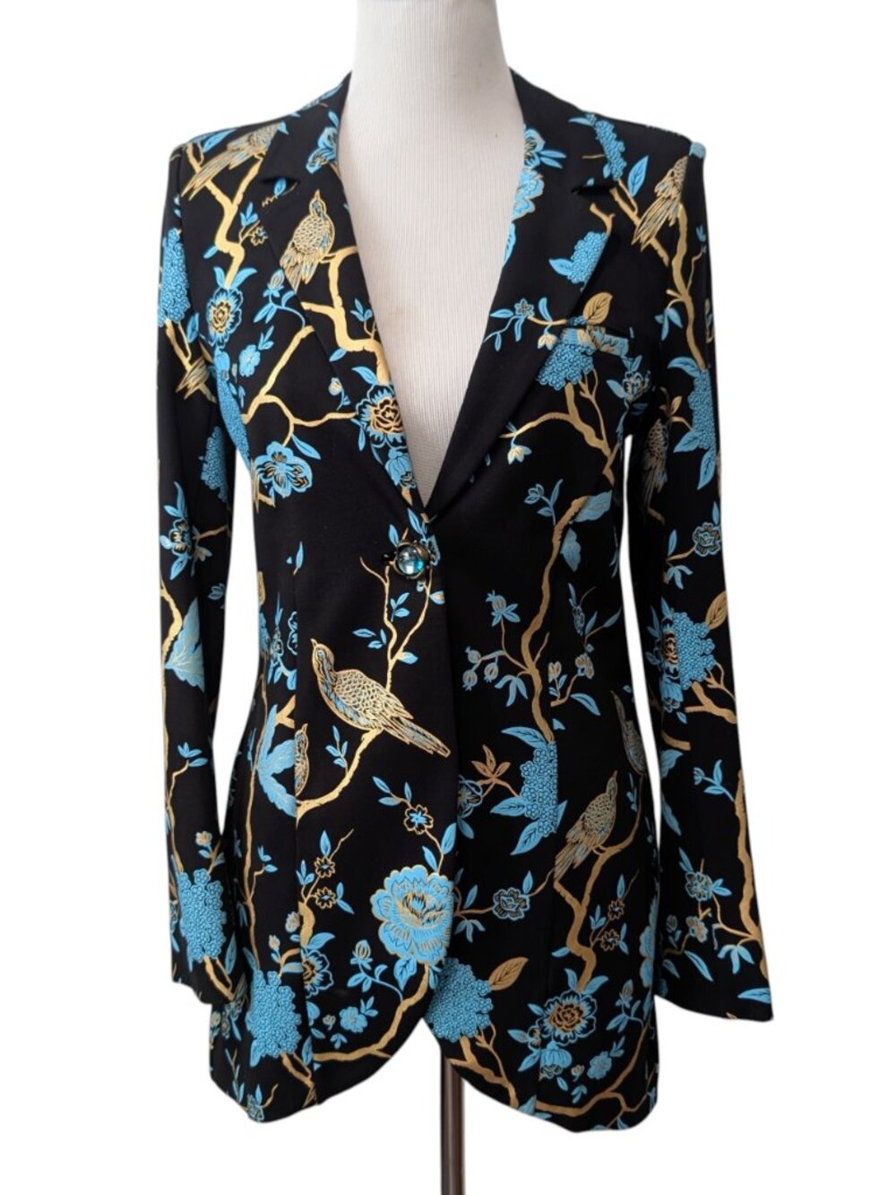 Soft Surroundings Size S Black Blue Gold Chinoiserie Bird Floral Blazer Pant Set - Picture 2 of 12